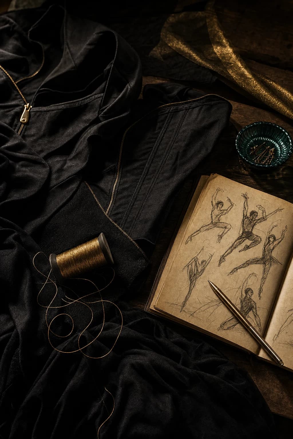 Black performance fabric and a choreography notebook on a worktable.
