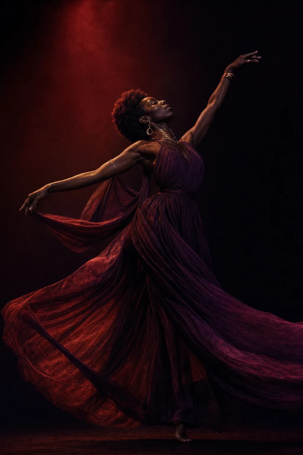 A dancer held in a sweeping, expressive pose.