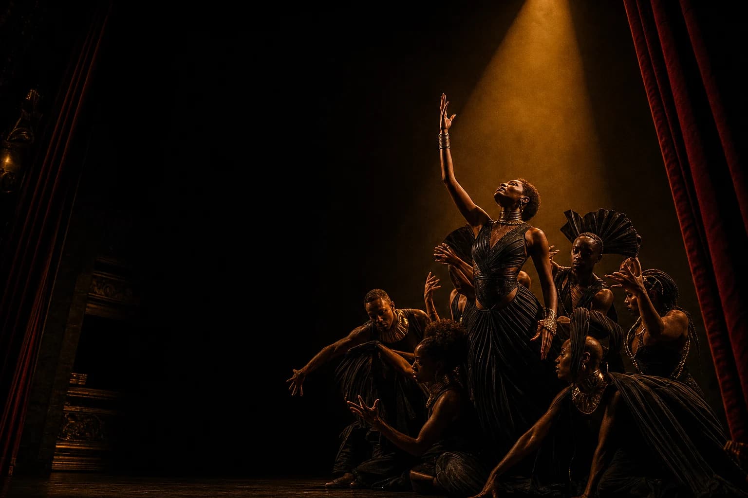 A live ensemble gathered in warm stage light.